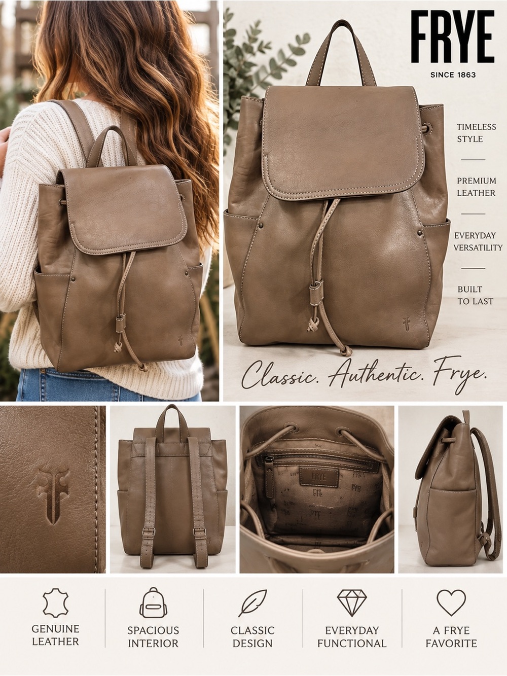 Frye Olivia Leather Backpack - Taupe Brown minimalist western quiet luxury